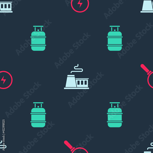 Set Lightning bolt, Factory and Propane gas tank on seamless pattern. Vector