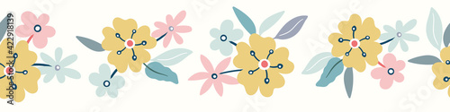 Floral border pattern design. Cute vector seamless repeat of flowers and leaves. 