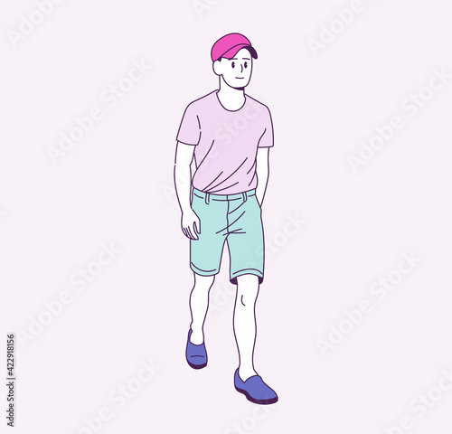 A man wearing short-sleeved shorts and a cap hat is walking. hand drawn style vector design illustrations.  © MINIWIDE