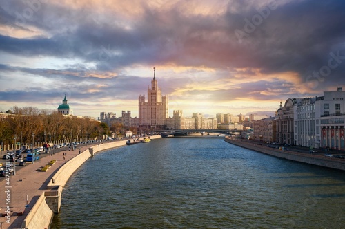Moscow. Russia. House on Kotelnicheskaya embankment and  Zaryadye Park on left side.  Life before pandemic COVID-19