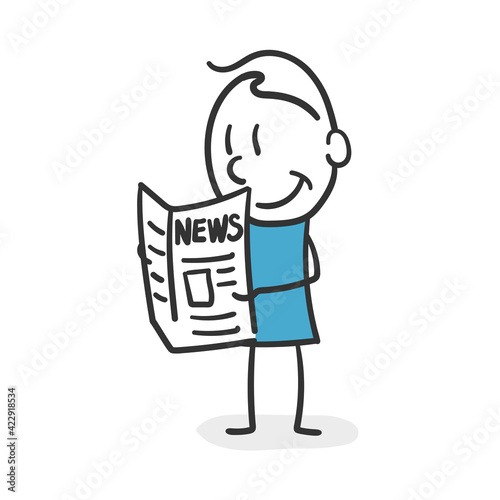 Stick man reading the newspaper. Current news reader stick man concept