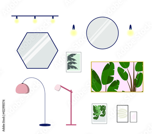 Set of decorative items for the house. Mirrors, floor lamps, paintings, lamps