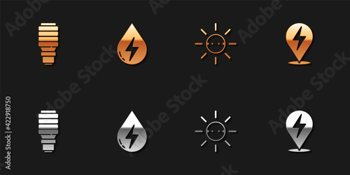 Set LED light bulb, Water energy, Solar panel and Lightning bolt icon. Vector