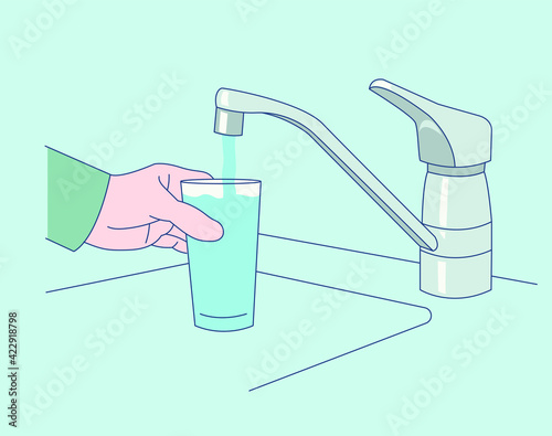 A hand getting water from a faucet. hand drawn style vector design illustrations. 
