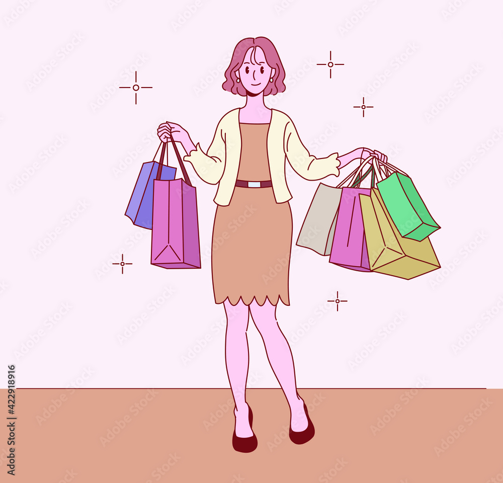 A woman is happy with her shopping bags in her hands. hand drawn style vector design illustrations. 