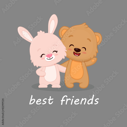  card with cute animals teddy bear and bunny, best friends