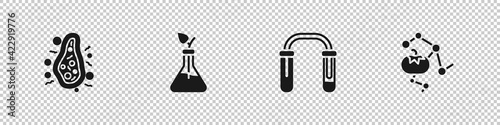 Set Bacteria, Plant breeding, Test tube and flask and Genetically modified food icon. Vector