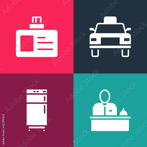 Set pop art Hotel reception desk, Refrigerator, Taxi car and Identification badge icon. Vector