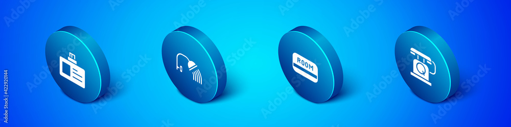 Set Isometric Identification badge, Hotel key card, Telephone handset and Shower head icon. Vector