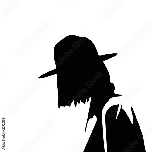 Vintage girl silhouette with shor hair and hat. Simple female torso. Fashion abstract minimalistic sketch in black spots. Great for postcards, textiles, logo, icon.