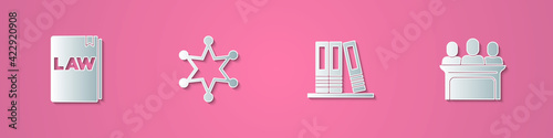 Set paper cut Law book, Hexagram sheriff, Office folders and Jurors icon. Paper art style. Vector