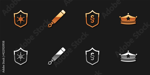 Set Police badge, Fountain pen nib, Justice law shield and cap with cockade icon. Vector