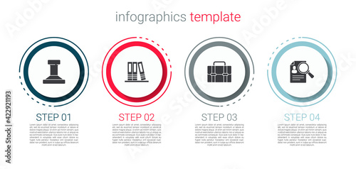 Set Stamp, Office folders, Briefcase and Paper analysis magnifying. Business infographic template. Vector