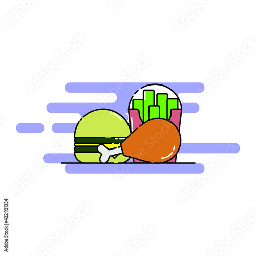 Cute chicken drumstick, cheese burger, and french fries Illustration. modern simple food vector icon, flat graphic symbol in trendy flat design style.