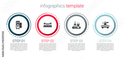 Set Toilet in the train car, Cargo wagon, Wine bottle with glass and Draisine or handcar. Business infographic template. Vector