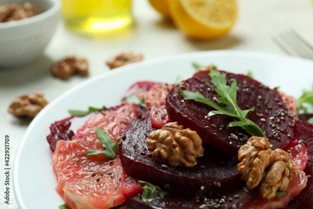 Concept of tasty eating with beet salad, close up