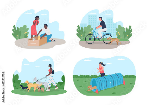 Owners caring for pets 2D vector web banner, poster set. African american, caucasian flat characters on cartoon background. Adopt stray cats printable patch, colorful web element collection