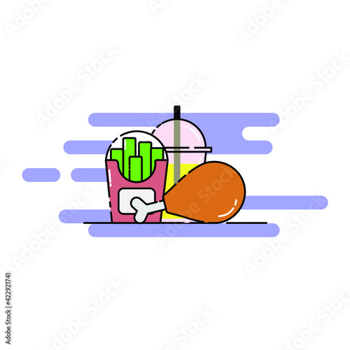 Cute chicken drumstick, french fries, and soda Illustration. modern simple food vector icon, flat graphic symbol in trendy flat design style.