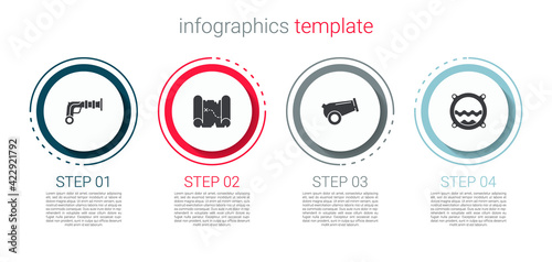 Set Vintage pistols, Pirate treasure map, Cannon and Ship porthole with seascape. Business infographic template. Vector