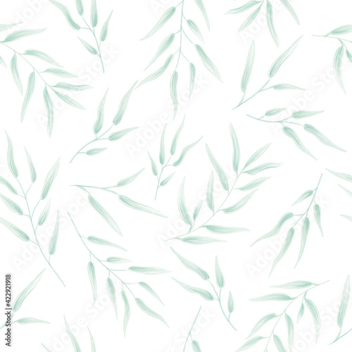 Floral seamless hand drawn pattern. Twigs with leaves drawn in pencil. green twigs on a white background