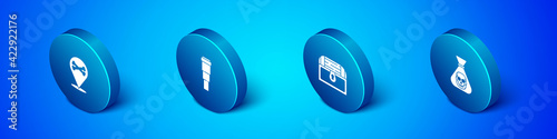Set Isometric Location pirate, Antique treasure chest, Pirate coin and Spyglass telescope lens icon. Vector