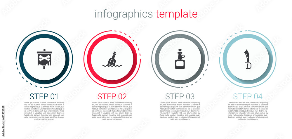 Set Pirate flag, Bottle with message in water, Alcohol drink Rum and sword. Business infographic template. Vector Set Pirate flag, Bottle with message in water, Alcohol drink Rum and sword. Business infographic template. Vector