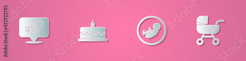 Set paper cut Baby, Cake with burning candles, and stroller icon. Paper art style. Vector
