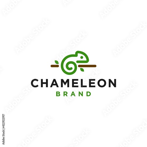 Simple line green chameleon on a tree branch logo icon design vector in trendy minimal outline style, abstract outline symbol
