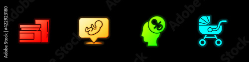 Set Baby food, , dummy pacifier and stroller icon. Vector