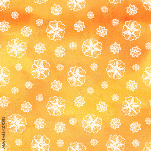 Seamless pattern Graphic flowers on a yellow watercolor textured background. Hand drawn illustration for template design, social media, cover, fabric, packaging, wallpaper