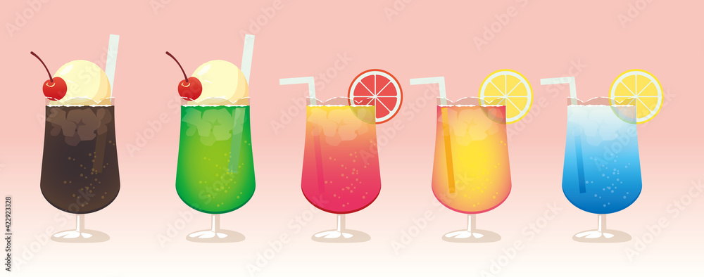 クリームソーダ・コーラフロート・トロピカルドリンクのイラストセット クリームソーダ・コーラフロート・トロピカルドリンクのイラストセット