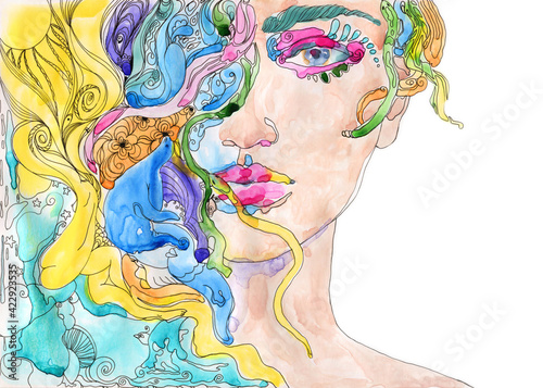 Valokuva watercolor painting. fantasy female portrait. illustration.