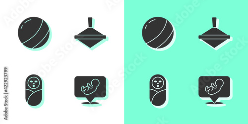 Set Baby, Beach ball, Newborn baby infant swaddled and Whirligig toy icon. Vector