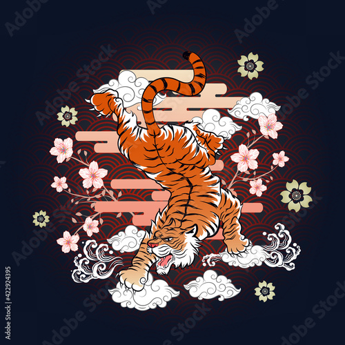 Abstract Art Tiger Flying Down with Sakura Flowers Surrounded on Horizontal Gradient Cloud with Water Splash and Curvy Cloud on Gradient Red Black Background Vector Design Template for Wrapping Paper