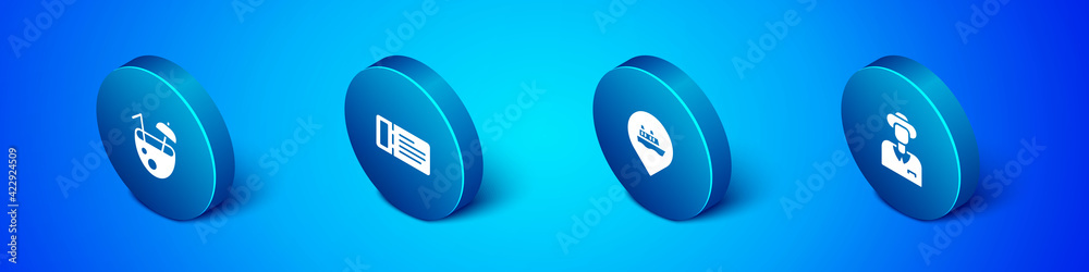 Set Isometric Coconut cocktail, Location with cruise ship, Tourist and Cruise ticket icon. Vector Set Isometric Coconut cocktail, Location with cruise ship, Tourist and Cruise ticket icon. Vector