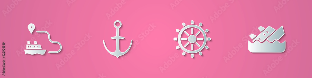 Set paper cut Ship line path, Anchor, steering wheel and Sinking cruise ship icon. Paper art style. Vector Set paper cut Ship line path, Anchor, steering wheel and Sinking cruise ship icon. Paper art style. Vector