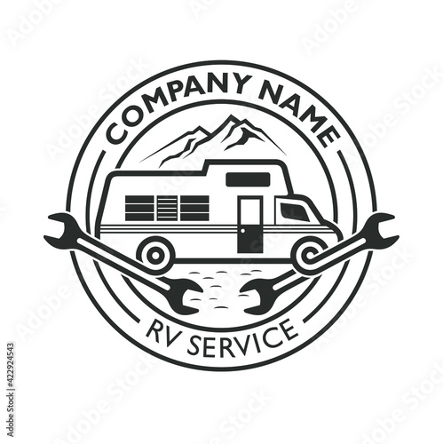 RV vehicle illustration with mountains background, logo template for RV vehicle repair and maintenance services. 