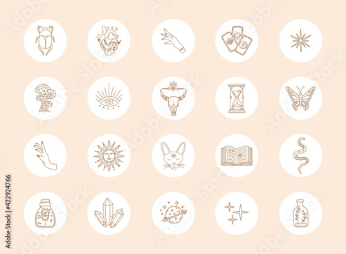 Highlights boho icons, gold simple line, magic social media covers, minimalist modern trendy style, vector astrology symbol and mystic design elements, doodle shape illustration isolated on background