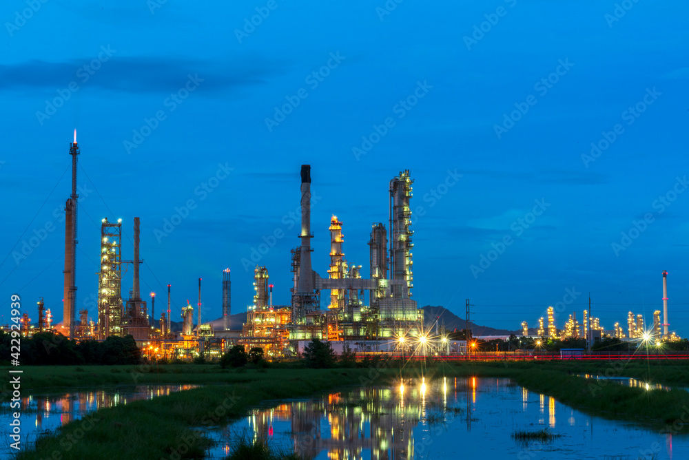 Oil refinery gas petrol plant industry with crude tank, gasoline supply and chemical factory. Petroleum barrel fuel heavy industry oil refinery manufacturing factory plant. Refinery industry concept