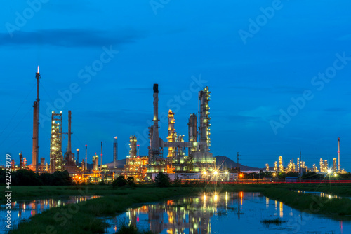 Oil refinery gas petrol plant industry with crude tank  gasoline supply and chemical factory. Petroleum barrel fuel heavy industry oil refinery manufacturing factory plant. Refinery industry concept