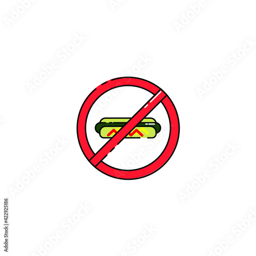Cute hotdog with prohibition Illustration. modern simple food vector icon, flat graphic symbol. trendy flat design style. wallpaper. lockscreen. sign. forbidden sign. prohibition sign. warning sign. 
