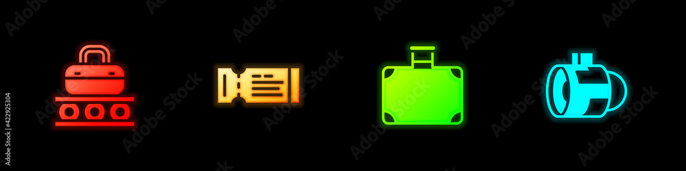 Set Conveyor belt with suitcase, Airline ticket, Suitcase and Jet engine turbine icon. Vector Set Conveyor belt with suitcase, Airline ticket, Suitcase and Jet engine turbine icon. Vector