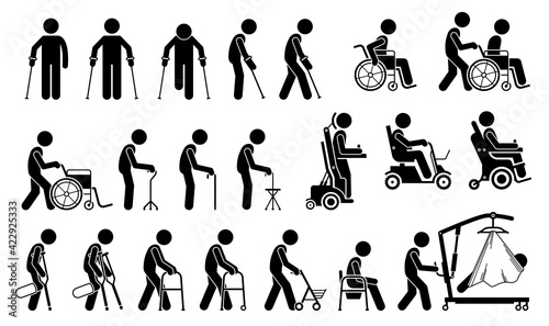 Foto Mobility aids medical tools and equipment stick figure pictogram icons