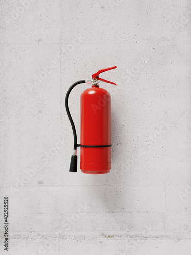 Red fire extinguisher isolated on a concrete wall of a building, minimal protection concept, fire protection, template or source, 3d rendering