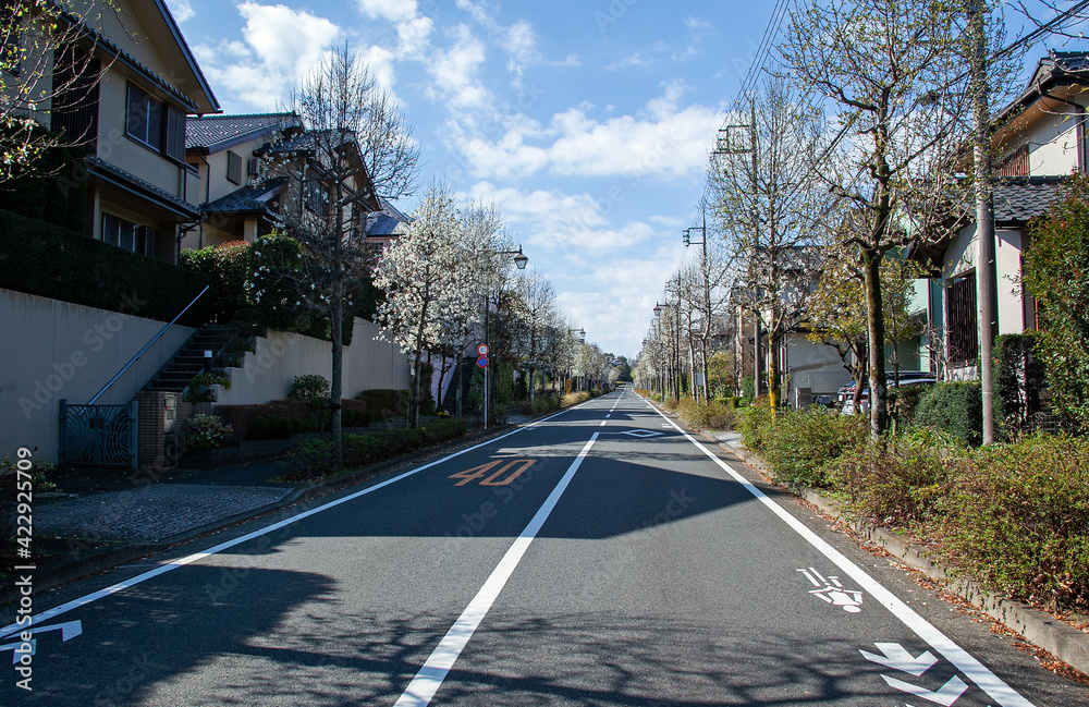 青空へと続く真っ直ぐな道（東京都稲城市）｜遮るものが何も無い、緩やかな上り坂の光景に清々しさを感じます