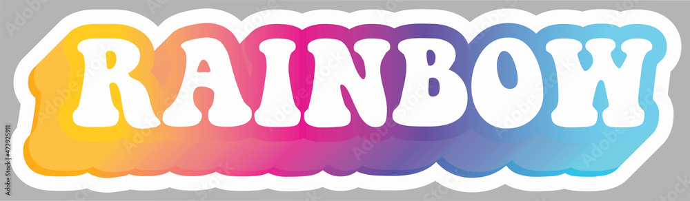 Rainbow. Colorful text, isolated on simple background. Sticker for stationery. Ready for printing. Trendy graphic design element. Retro font calligraphy in 60s funky style. Vector EPS 10. Rainbow. Colorful text, isolated on simple background. Sticker for stationery. Ready for printing. Trendy graphic design element. Retro font calligraphy in 60s funky style. Vector EPS 10.