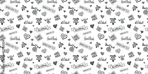 Vector seamless pattern, hand drawn illustration, graphic art, black and white icons on white background, backdrop template, wrapping paper. 