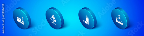 Set Isometric Shovel in snowdrift, Thermos container, Award winner podium and Road sign avalanches icon. Vector