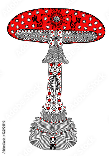 Zentangle stylized red fly agaric. Hand Drawn vector illustration. Books or tattoos with high details isolated on white background. The collection of mushrooms. Psychedelic.