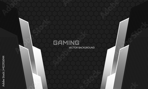 Dark abstract background with hexagon carbon fiber grid and silver metallic shapes. Futuristic luxury modern sporty game background. Vector illustration.